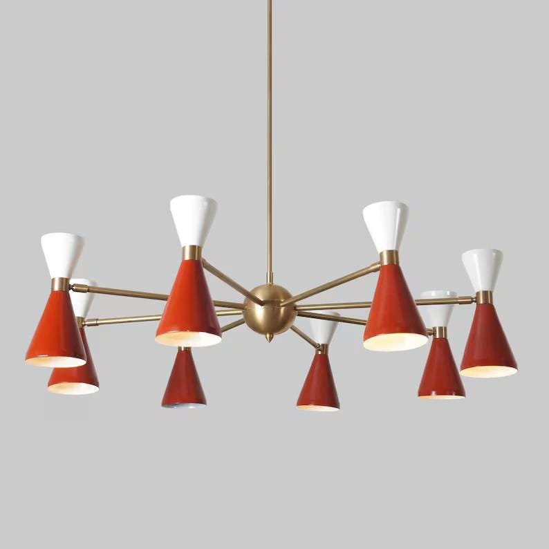 Stilnovo Style Double Shade 8 Arms 16 Lights Mid Century Modern Sputnik Chandelier, Handcrafted Solid Brass Chandelier Ceiling Light Fixture