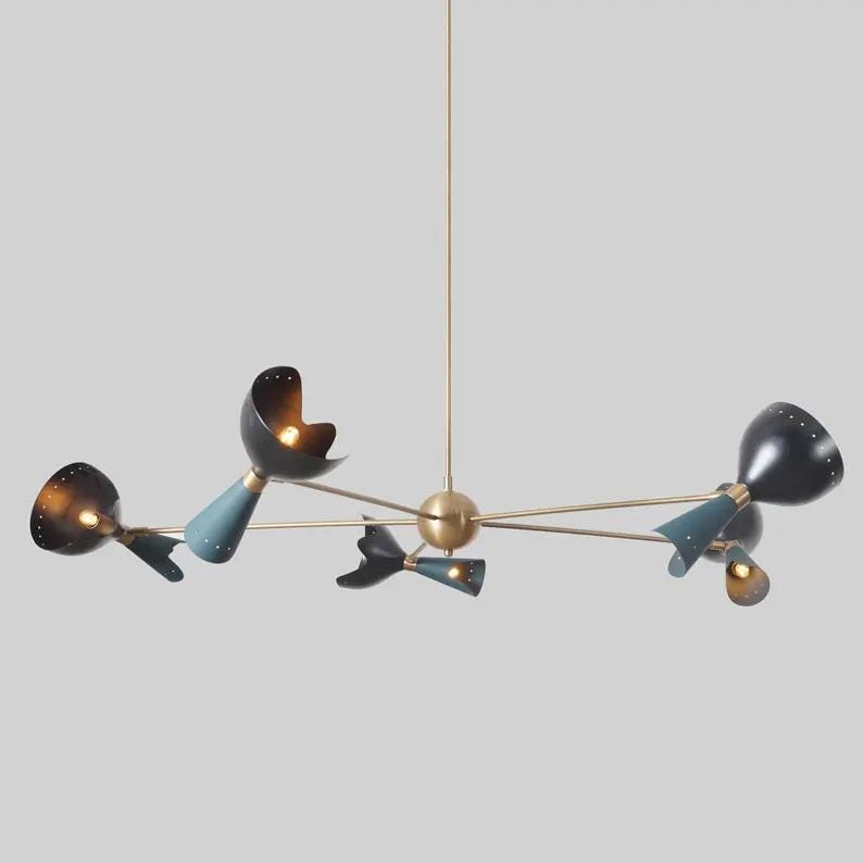 Large Stilnovo Style 5 Arms 10 Lights Raw Brass Sputnik Chandelier Light Fixture, Handcrafted Brass Chandelier, Unique Design Ceiling Light