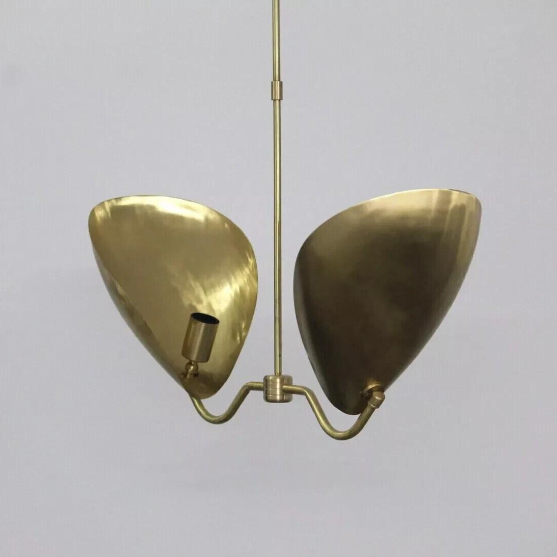 Mid Century Modern Brass Petal Chandelier, Sculptural Italian Inspired Handcrafted Dual Curved Shape 2 Light Ceiling Pendant Light Fixture