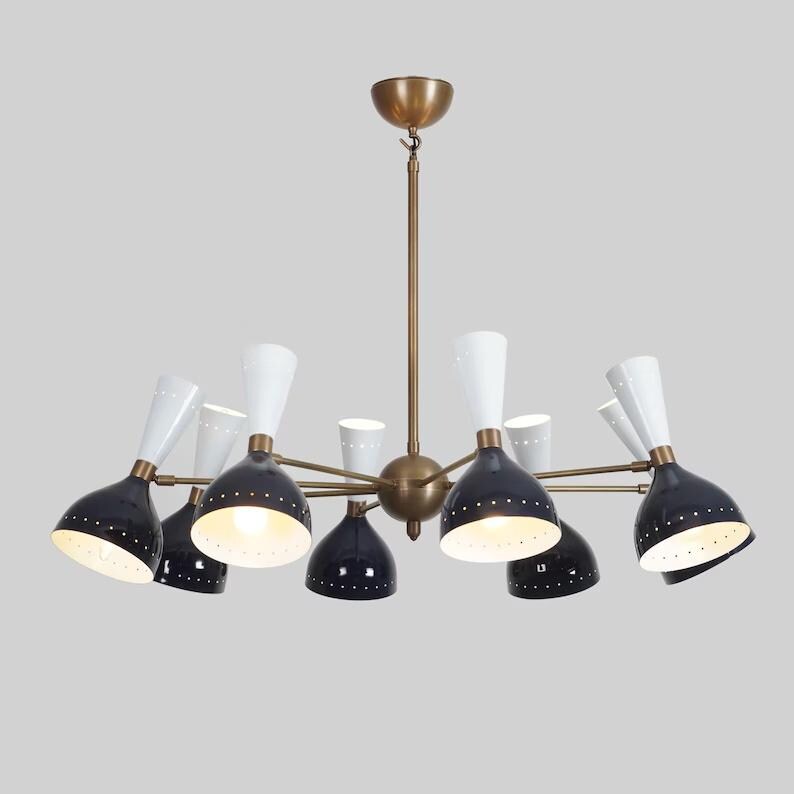 Stilnovo Style Double Shade 8 Arm 16 Light Mid Century Modern Sputnik Chandelier, Handcrafted Raw Brass Chandelier Ceiling Light Fixture