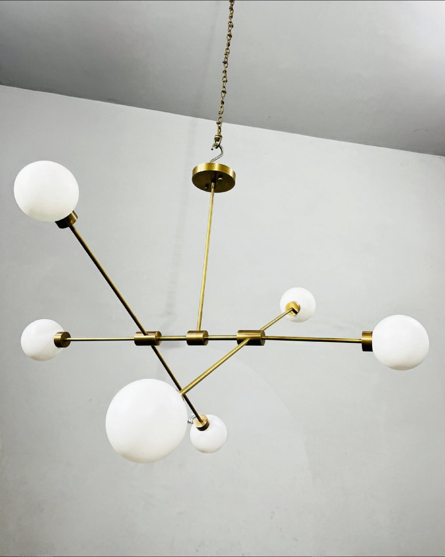 Six Globes Mid Century Style Sputnik Chandelier, Handcrafted Pendant Ceiling Light, Brass Frame Glass Globe Design Light Fixture