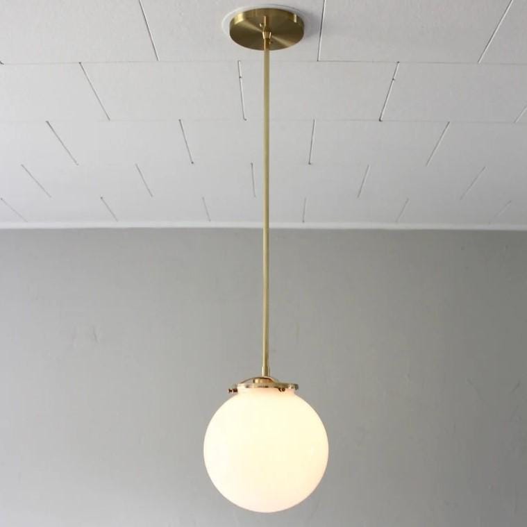 Italian Opaline & Brass Sphere Pendant Lamp Bubble Pendant Light, Glass Globe Ceiling Lamp, Mid century Modern Brass Pendant Light