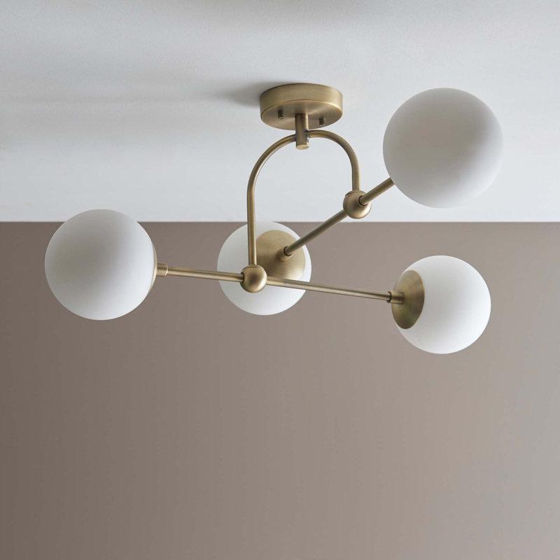 Semi-Flush Mount Arco Globe Chandelier, Mid Century Modern Low Ceiling Light Fixture, Glass Globes Dreamy Bubble Brass Chandelier 4 Lights
