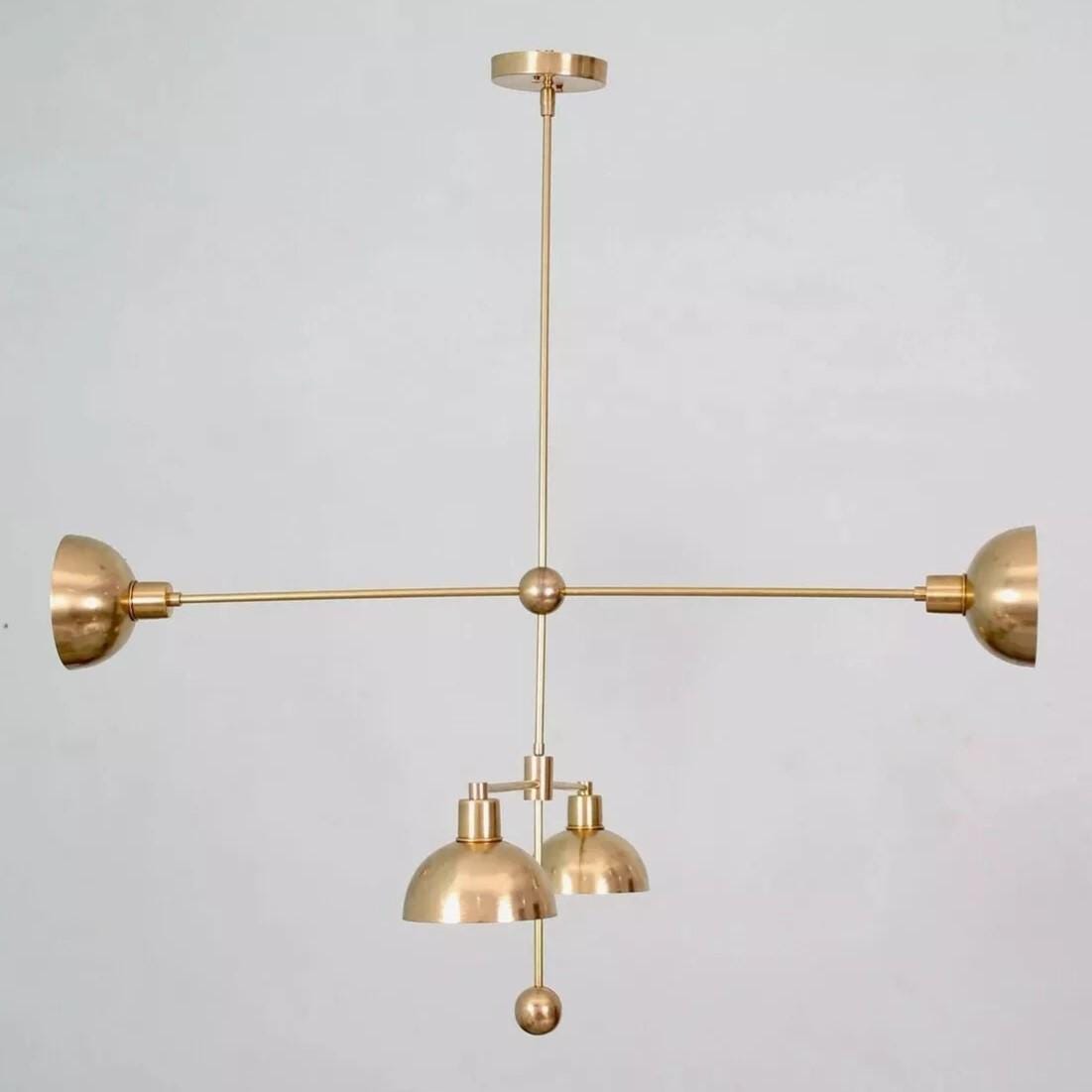 Modern Asymmetrical Dome Shade Brass Chandelier, Handcrafted Contemporary Bowl Shade Designer Brass Ceiling Hanging Fixture 4 Lights