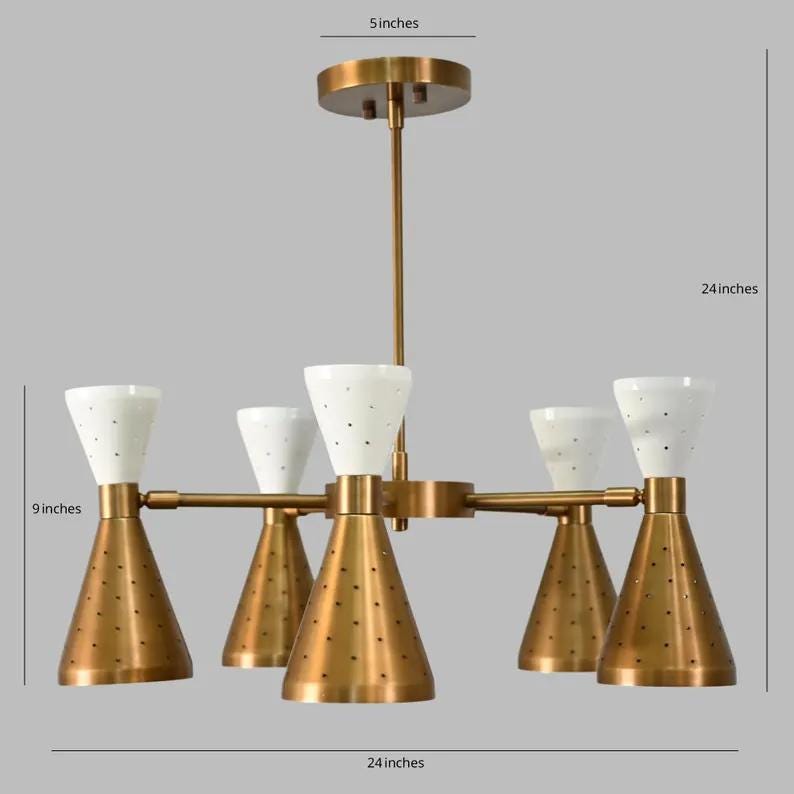 Stilnovo Style Diabolo Perforated Shade Chandelier, Mid Century Modern Sputnik Brass Chandelier, Custom Ceiling Light Fixture 5 Arm 10 Light
