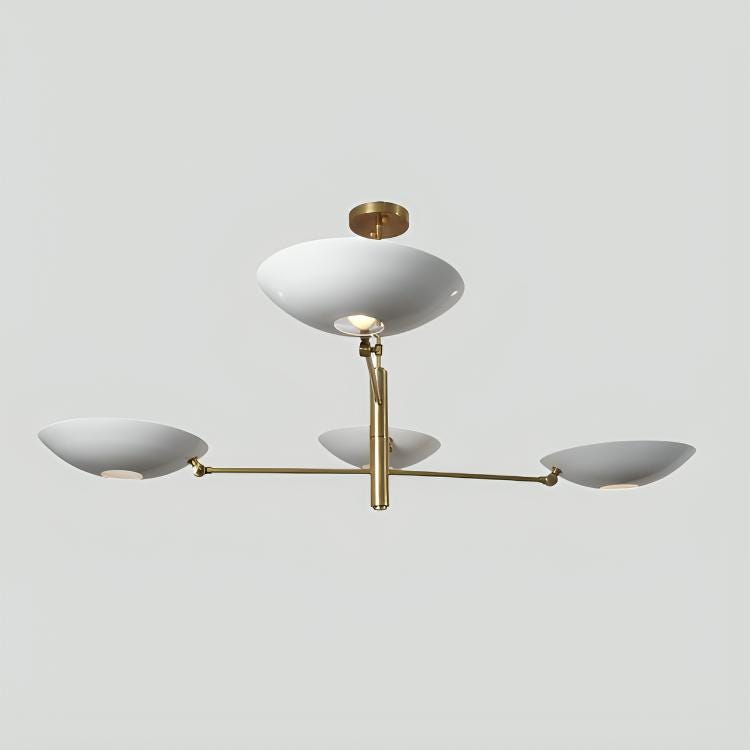 White Disk Counterbalance Shade Brass Chandelier, Mid Century Modern Stilnovo Style Counterweight Handcrafted Brass Ceiling Light Fixture