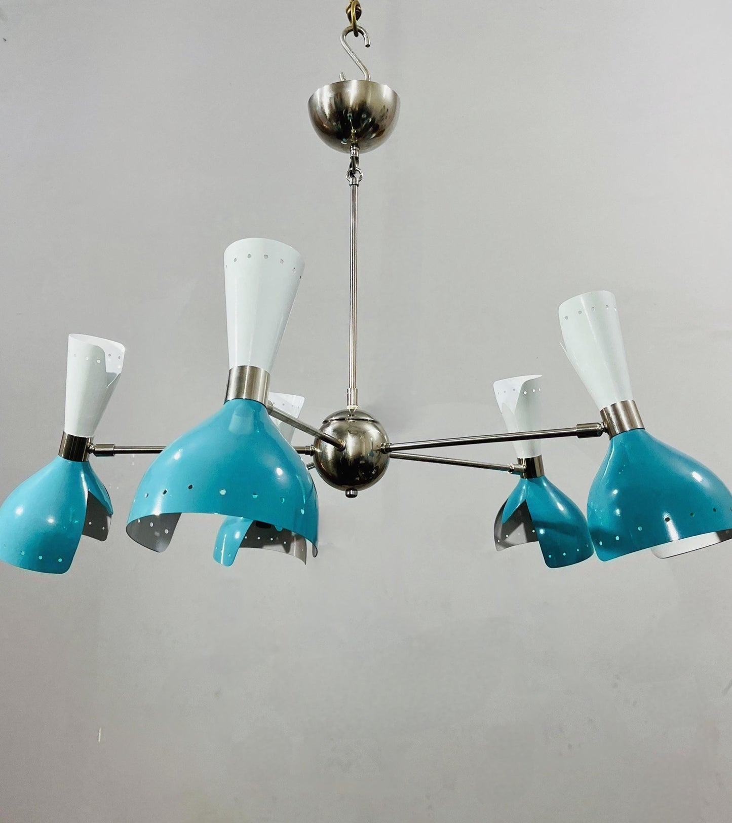 Silnovo Style Diabolo Cut-out Shade Chandelier, 5 Arm 10 Light Mid Century Italian Sputnik Chandelier, Handmade Brass Ceiling Light Fixture