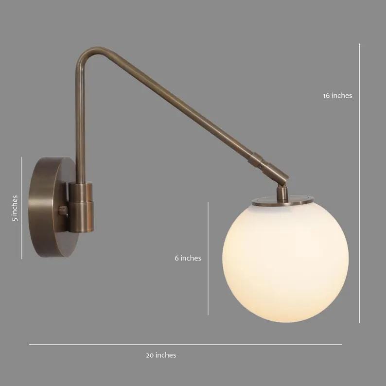 Single Glass Globe Brass Wall Sconce, Handcrafted Minimalist Style Articulating Bedside Wall Lamp, Classic Designed Glass Globe Wall Light
