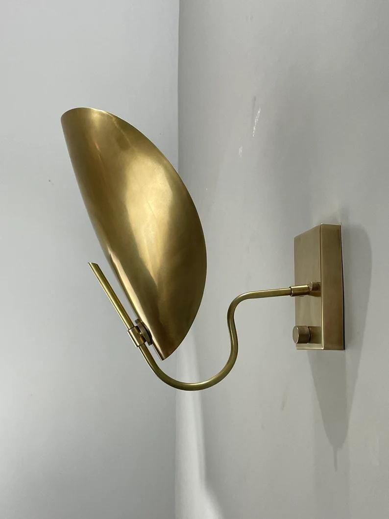 Mid Century Modern Italian Raw Brass Wall Sconce, Handcrafted Curved Disk Shade Vintage Inspired Light Fixture with Dimmer & on/off Switch