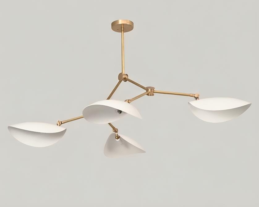 Mid Century Modern Brass Stingray Light Sputnik Chandelier, Four Arms Curved Disk Shade Branch Ceiling Light Fixture Home Décor 4 Lights
