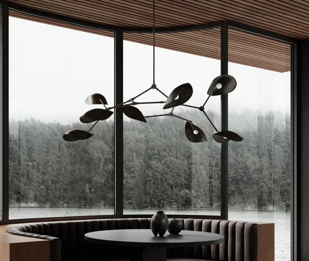 Mid Century Modern Stingray Brass Chandelier, Handcrafted 8 Arm Sputnik Light Fixture, Custom Curved Disk Multi Shade Large Ceiling Light