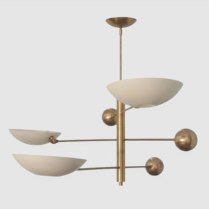 Stilnovo Style Adjustable Counterbalance Ceiling Lamp, Italian Counterweight 3 Shade Brass Chandelier,  1960s Inspired Mid Century Light