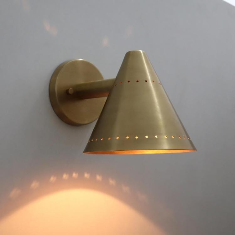 Perforated Conical Brass Pivot Wall Sconce, Mid Century Modern Handcrafted Raw Brass Industrial Style Wall Light Lamp