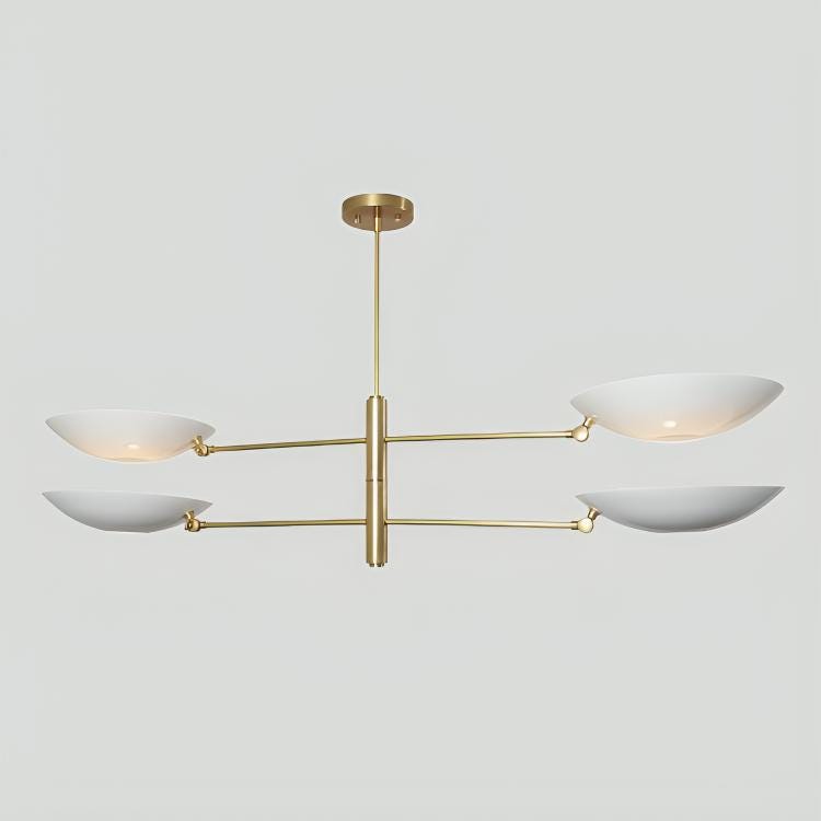 White Disk Counterbalance Shade Brass Chandelier, Mid Century Modern Stilnovo Style Counterweight Handcrafted Brass Ceiling Light Fixture
