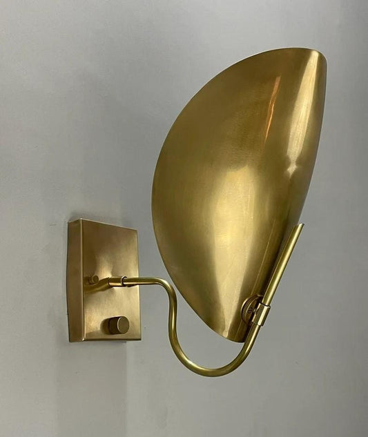Mid Century Modern Italian Raw Brass Wall Sconce, Handcrafted Curved Disk Shade Vintage Inspired Light Fixture with Dimmer & on/off Switch
