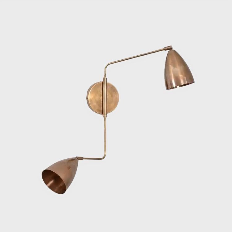 Dual Light Shades Bedside Wall Lamp, Twin Light Curved Arm Vintage Handcrafted Pendant Light Custom Brass Wall Sconce