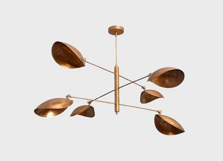 Mid Century Modern Curved Disk Chandelier, 6 Light Leaf Shade Sputnik Brass Chandelier, Handmade Italian Style Vintage Ceiling Light Fixture