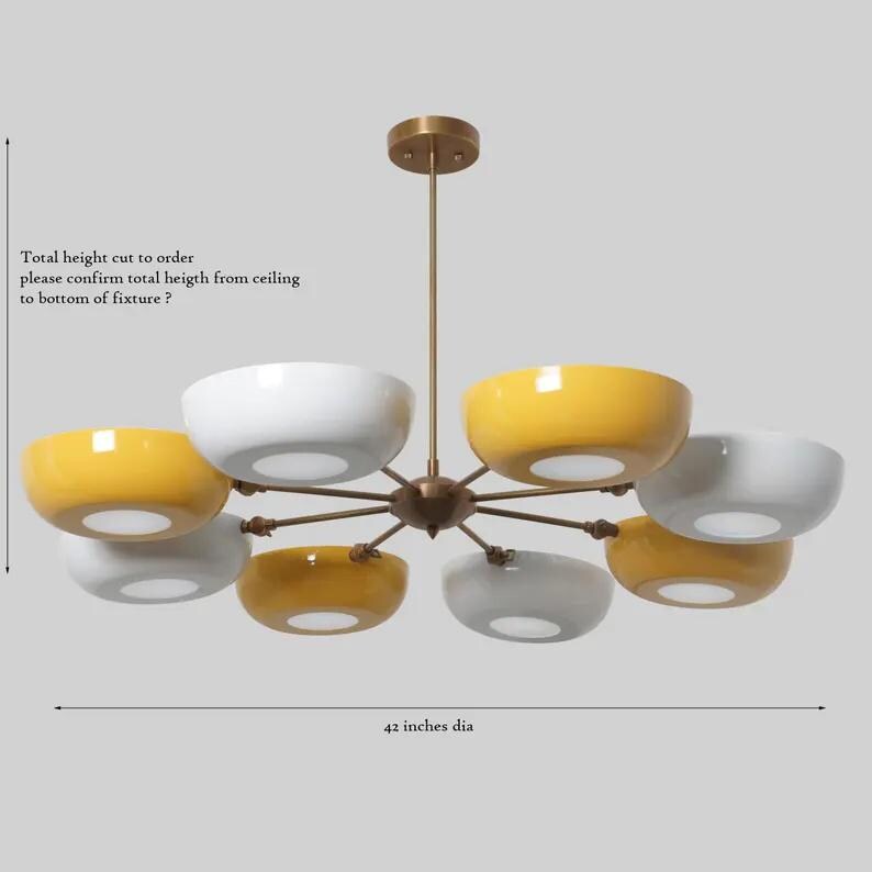 Stilnovo Flower Bowl Shade Chandelier, Mid Century Modern Brass Light, 8 Light Alternative Color Flower Petal Handmade Ceiling Light Fixture