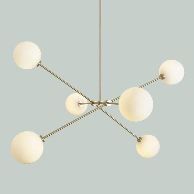 Six Globes Mid Century Style Sputnik Chandelier, Handcrafted Pendant Ceiling Light, Brass Frame Glass Globe Design Light Fixture