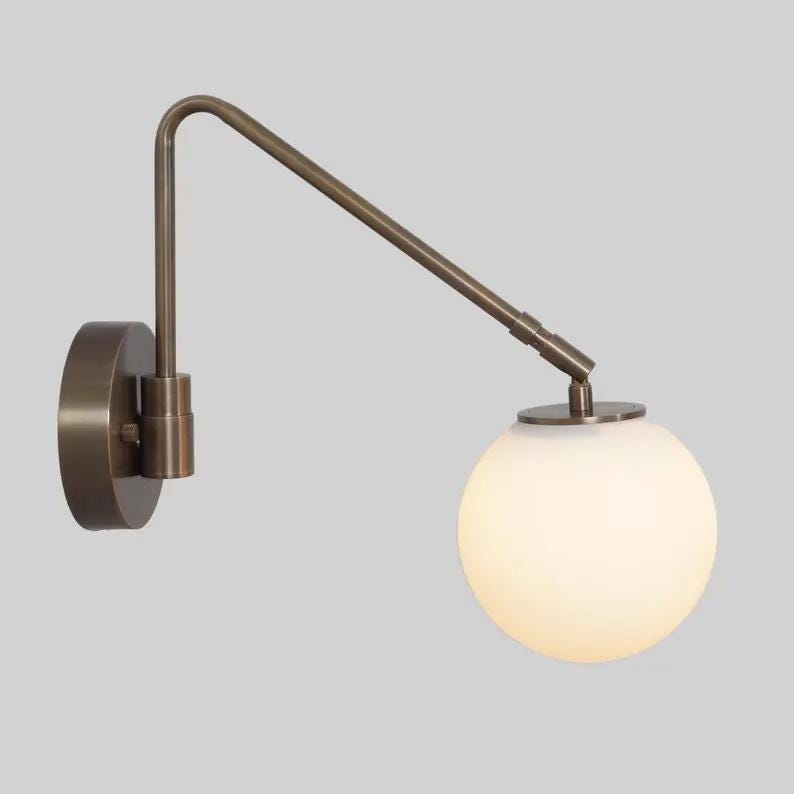 Single Glass Globe Brass Wall Sconce, Handcrafted Minimalist Style Articulating Bedside Wall Lamp, Classic Designed Glass Globe Wall Light