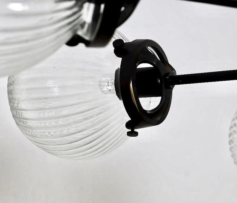 Mid Century Modern 9 Ribbed Glass Globe Chandelier, Handcrafted Lamp Ceiling Light, Brass Lights Glass Globe Design Pendant Light Fixture