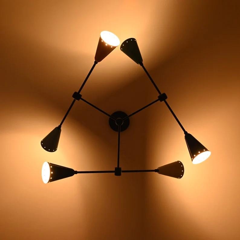 Adjustable Colorful Multi-shade Brass Chandelier, 6 Lights Modern Geometric Funky Color Ceiling Light, Contemporary Statement Light Fixture