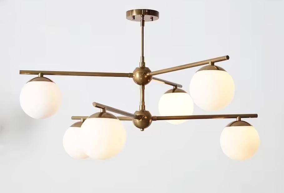 6 Globe Mid Century Modern Sputnik Chandelier, Handcrafted Bubble Glass Ceiling Light, Brass Chandelier Glass Globe Pendant Light Fixture