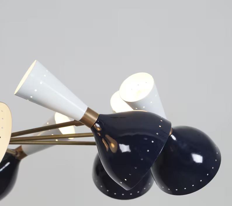 Stilnovo Style Double Shade 8 Arm 16 Light Mid Century Modern Sputnik Chandelier, Handcrafted Raw Brass Chandelier Ceiling Light Fixture