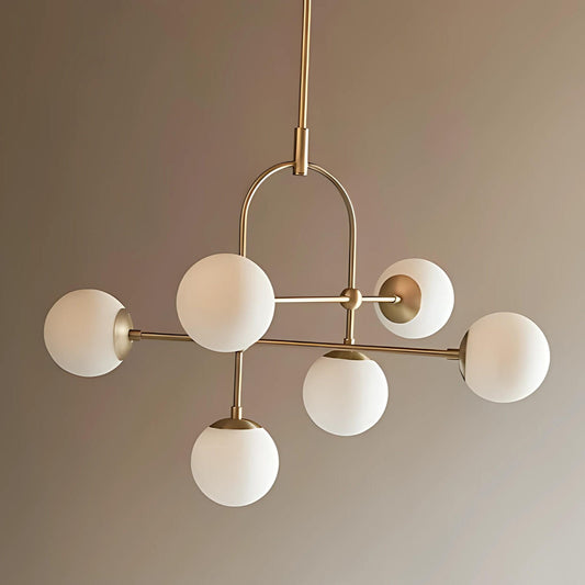 Elegant Arco Brass Globe Chandelier, Mid Century Modern Brass High Ceiling Light Fixture, Glass Globes Dreamy Bubble Chandelier 6 Lights