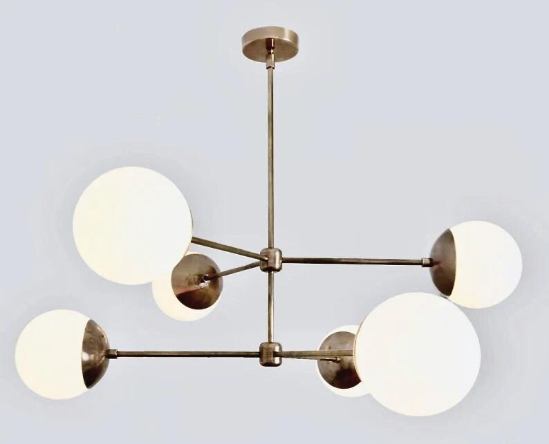Midcentury Modern 6 Globe Sputnik Chandelier, Handcrafted Brass Sputnik Lamp Ceiling Light, Glass Globe Design Pendant Light Fixture