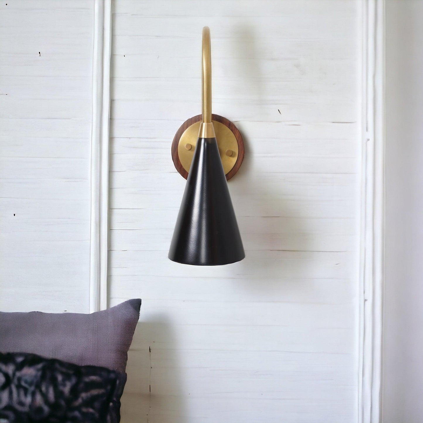 Salona Enamel Shade Brass Wall Sconce With Wood Canopy, Mid Century Modern Single Light Wall Lamp, Handmade Vintage European Inspired Light