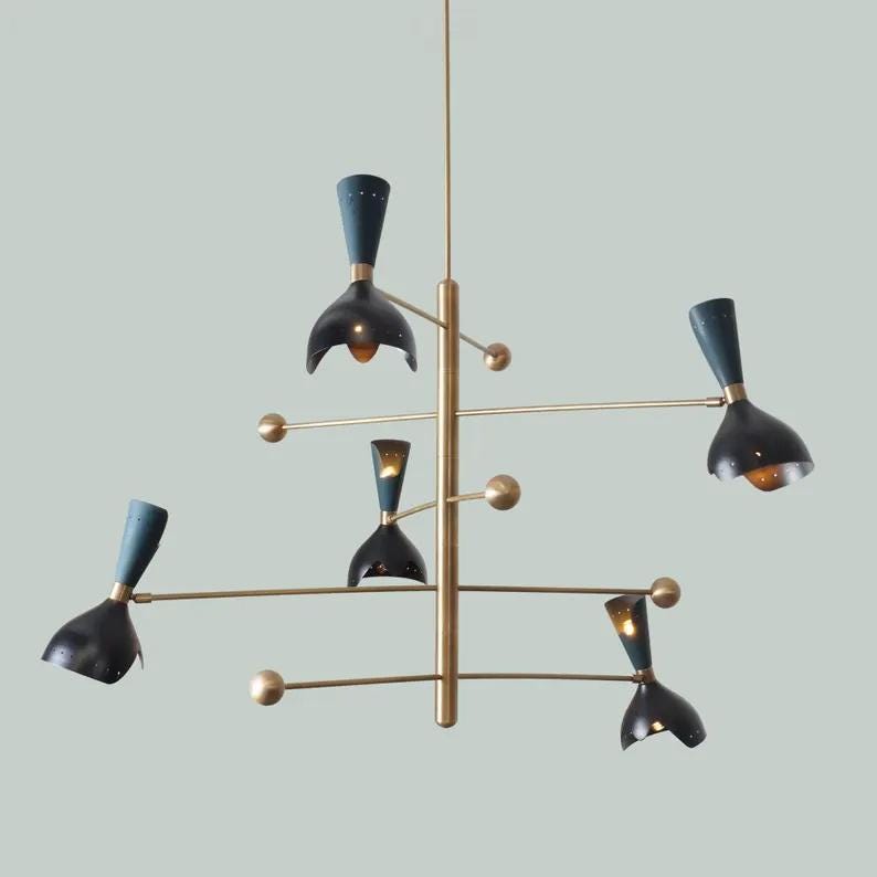 Stillnovo Style Counterbalance Diabolo Cut-out Chandelier, 5 Arm Italian Style Counterweight Sputnik Chandelier, Brass Ceiling Light Fixture