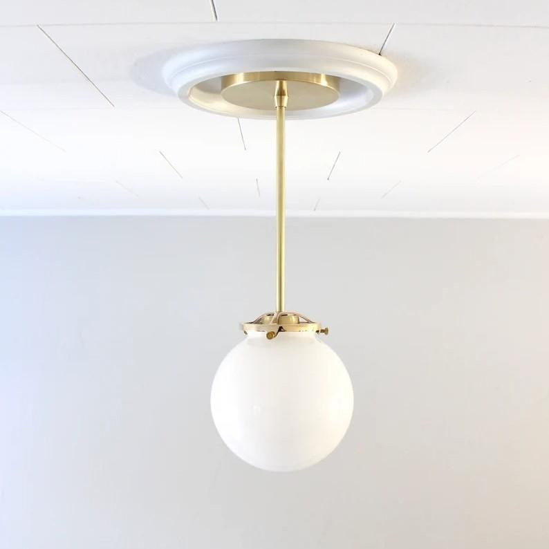 Italian Opaline & Brass Sphere Pendant Lamp Bubble Pendant Light, Glass Globe Ceiling Lamp, Mid century Modern Brass Pendant Light