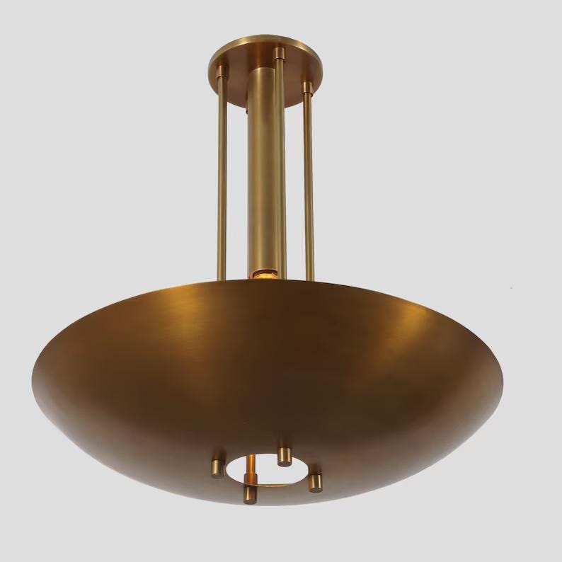 Dome Shape Rey Light Inspired Mid Century Modern Single Light Pendant Chandelier, Handcrafted Flush Mount Brass Ceiling Light Fixture