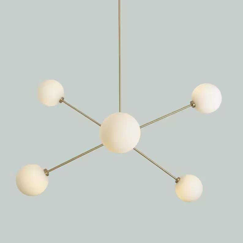 Six Globes Mid Century Style Sputnik Chandelier, Handcrafted Pendant Ceiling Light, Brass Frame Glass Globe Design Light Fixture