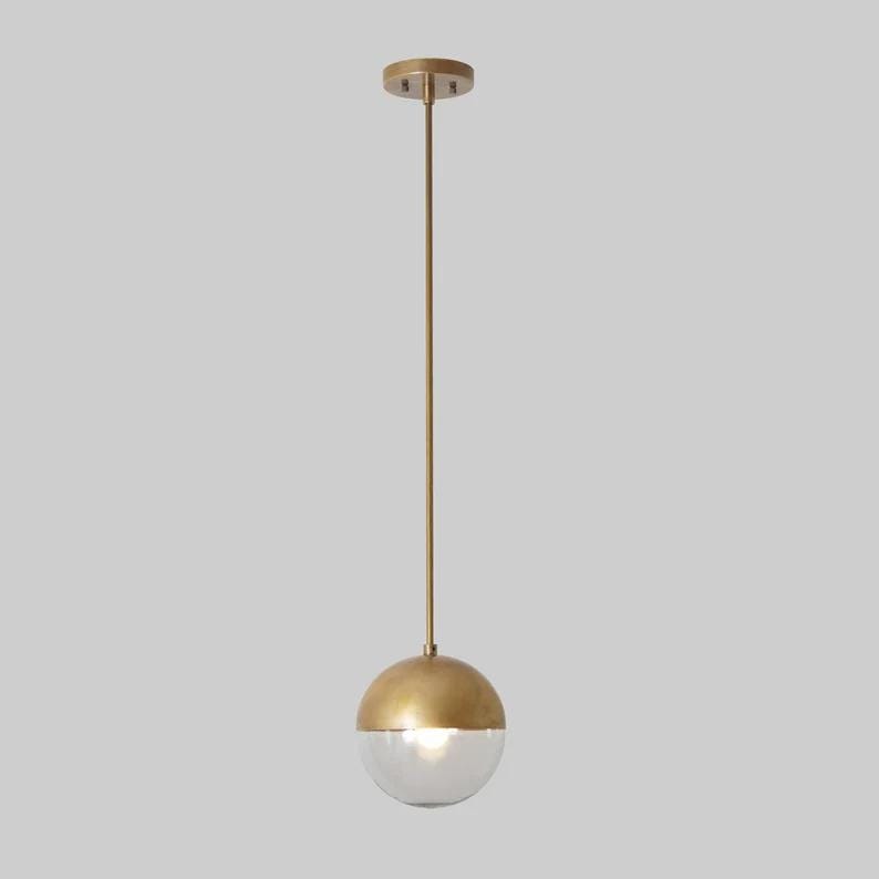 Mid Century Modern Pendant Light, Glass Globe Ceiling Lamp, Handcrafted Chandelier Brass Lighting, Modern Glass Ceiling Light Fixture