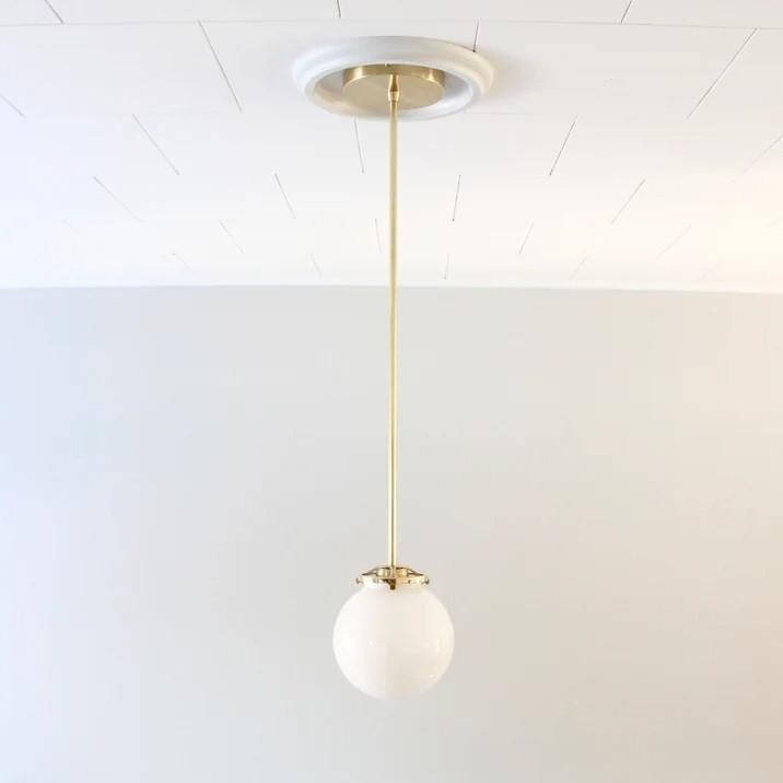 Italian Opaline & Brass Sphere Pendant Lamp Bubble Pendant Light, Glass Globe Ceiling Lamp, Mid century Modern Brass Pendant Light
