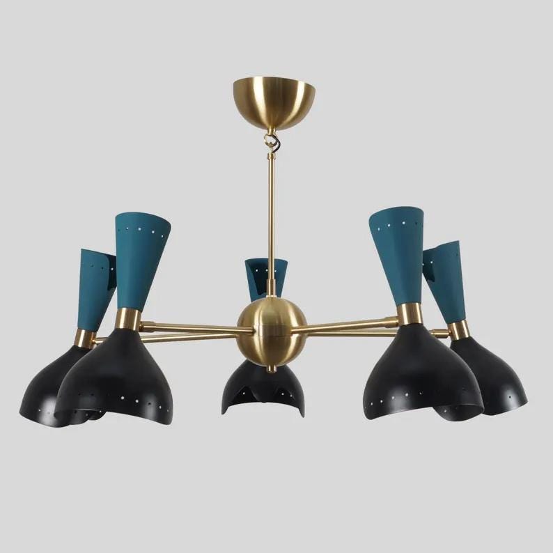 Silnovo Style Diabolo Cut-out Shade Chandelier, 5 Arm 10 Light Mid Century Italian Sputnik Chandelier, Handmade Brass Ceiling Light Fixture
