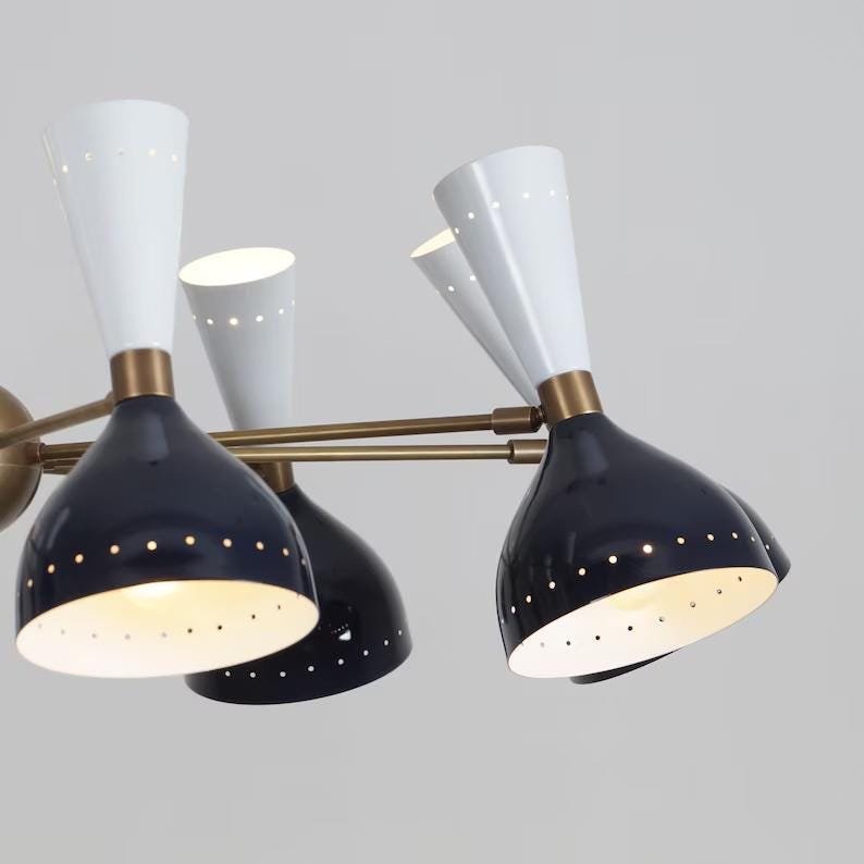 Stilnovo Style Double Shade 8 Arm 16 Light Mid Century Modern Sputnik Chandelier, Handcrafted Raw Brass Chandelier Ceiling Light Fixture