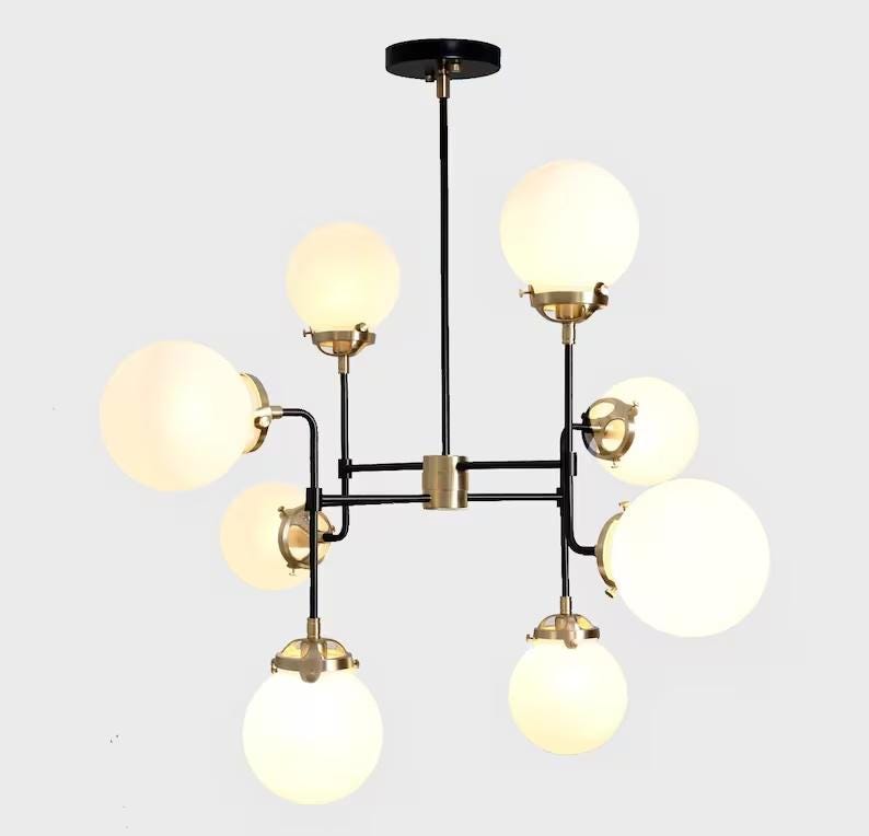 Mid Century Modern Bistro Globe Chandelier, Handcrafted Brass Bubble Ceiling Light, Modern 8 Glass Globe Hanging Light Fixture Art Deco