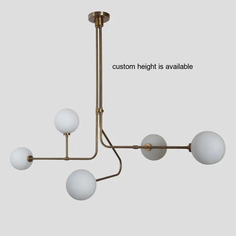 Twisted Semi Flush Mount Globe Chandelier, Mid Century Modern Italian Contemporary Design Five Globe Chandelier Brass Ceiling Light Fixture