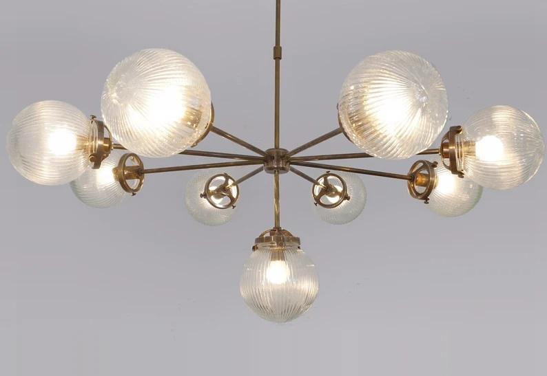 Mid Century Modern 9 Ribbed Glass Globe Chandelier, Handcrafted Lamp Ceiling Light, Brass Lights Glass Globe Design Pendant Light Fixture