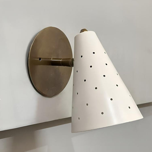 Perforated Conical Enamel Pivot Wall Sconce, Mid Century Modern Brass Single Light Wall Lamp, Handmade 1950s Style Adjustable Reading Lamp