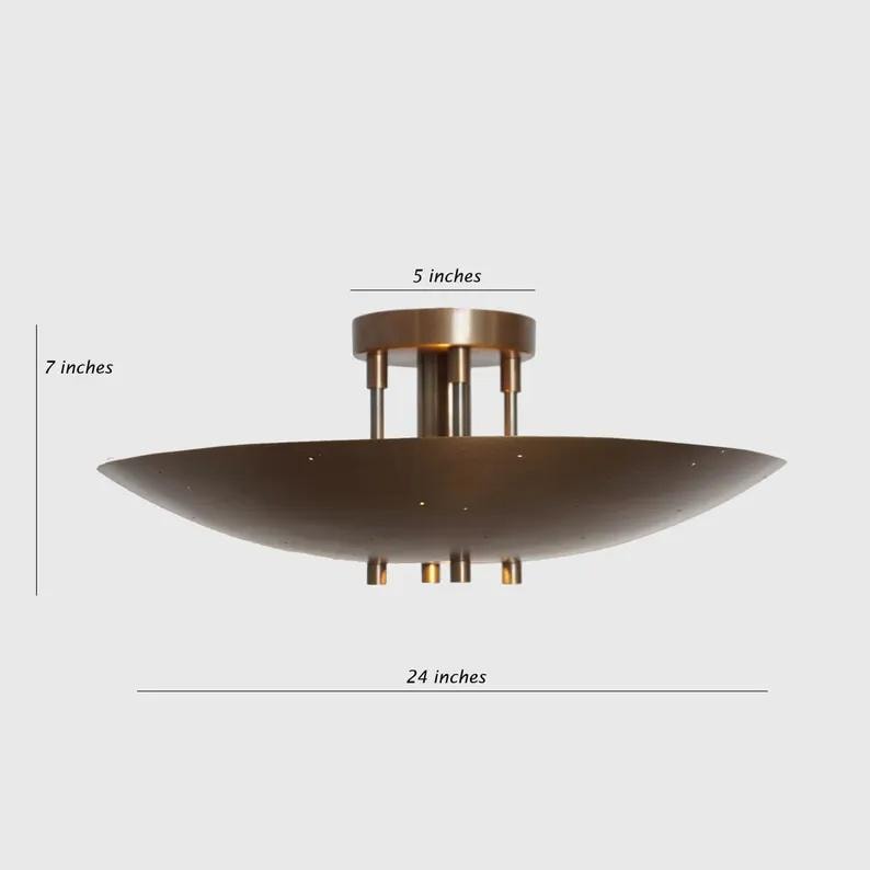 Rey Light Inspired Mid Century Modern Dome Shape Brass Chandelier, Single Light Ceiling Flush Mount Handcrafted Tynell Style Light Fixture