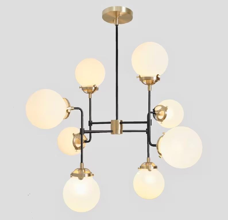 Modern Bistro Glass Globe Brass Chandelier, Handcrafted Bubble Ceiling Light, Mid Century Modern 8 Glass Globe Design Hanging Light Fixture