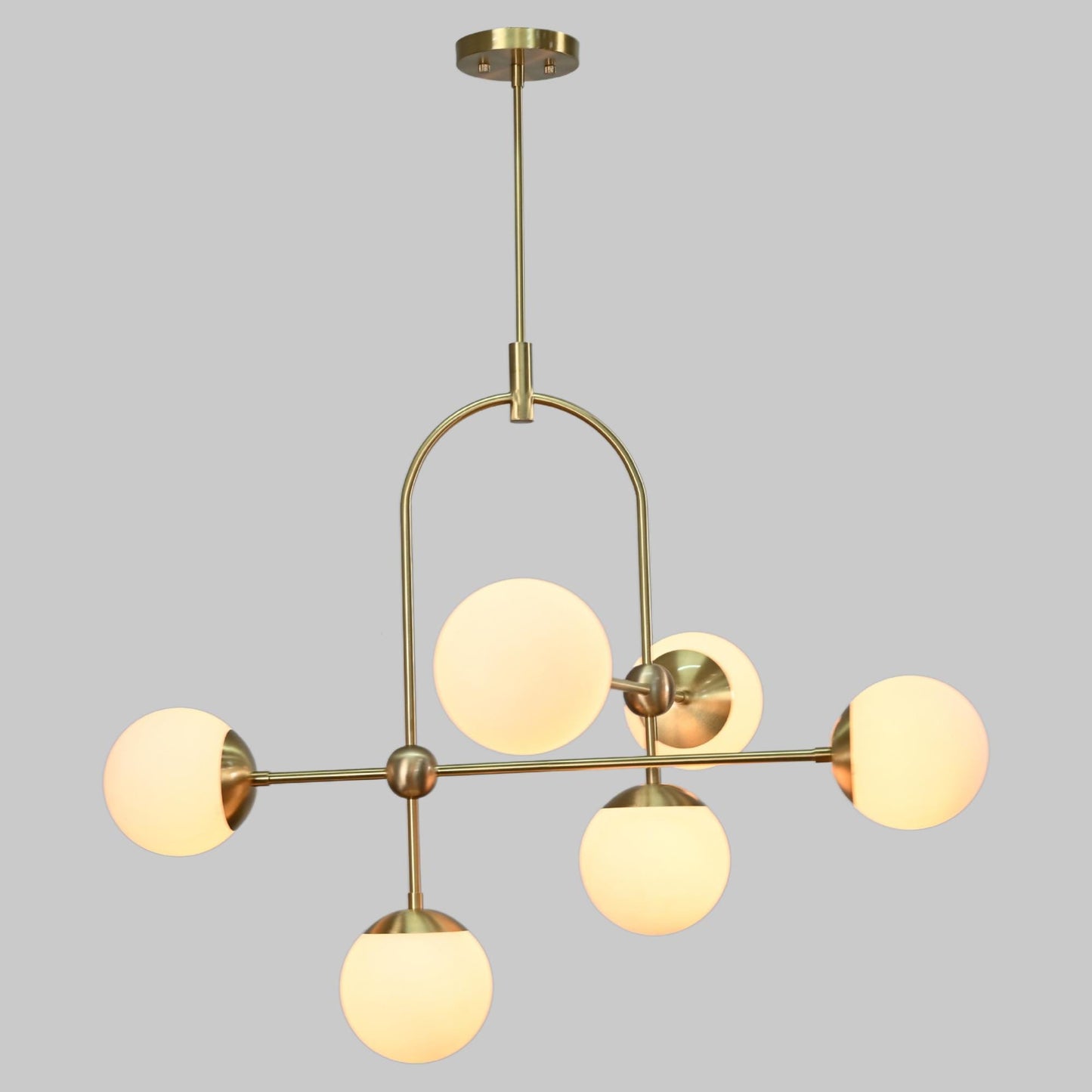 Elegant Arco Brass Globe Chandelier, Mid Century Modern Brass High Ceiling Light Fixture, Glass Globes Dreamy Bubble Chandelier 6 Lights