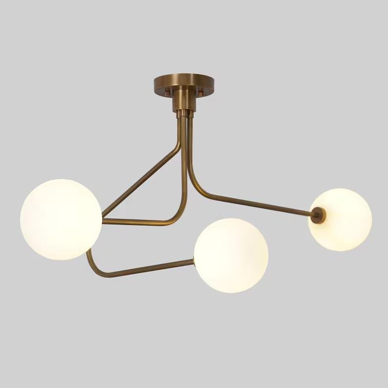 Twisted Semi Flush Mount Three Globe Light Mid Century Modern Sputnik Chandelier Brass Ceiling Pendant Light Fixture Handcrafted Chandelier