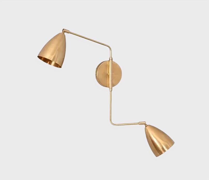 Dual Light Shades Bedside Wall Lamp, Twin Light Curved Arm Vintage Handcrafted Pendant Light Custom Brass Wall Sconce