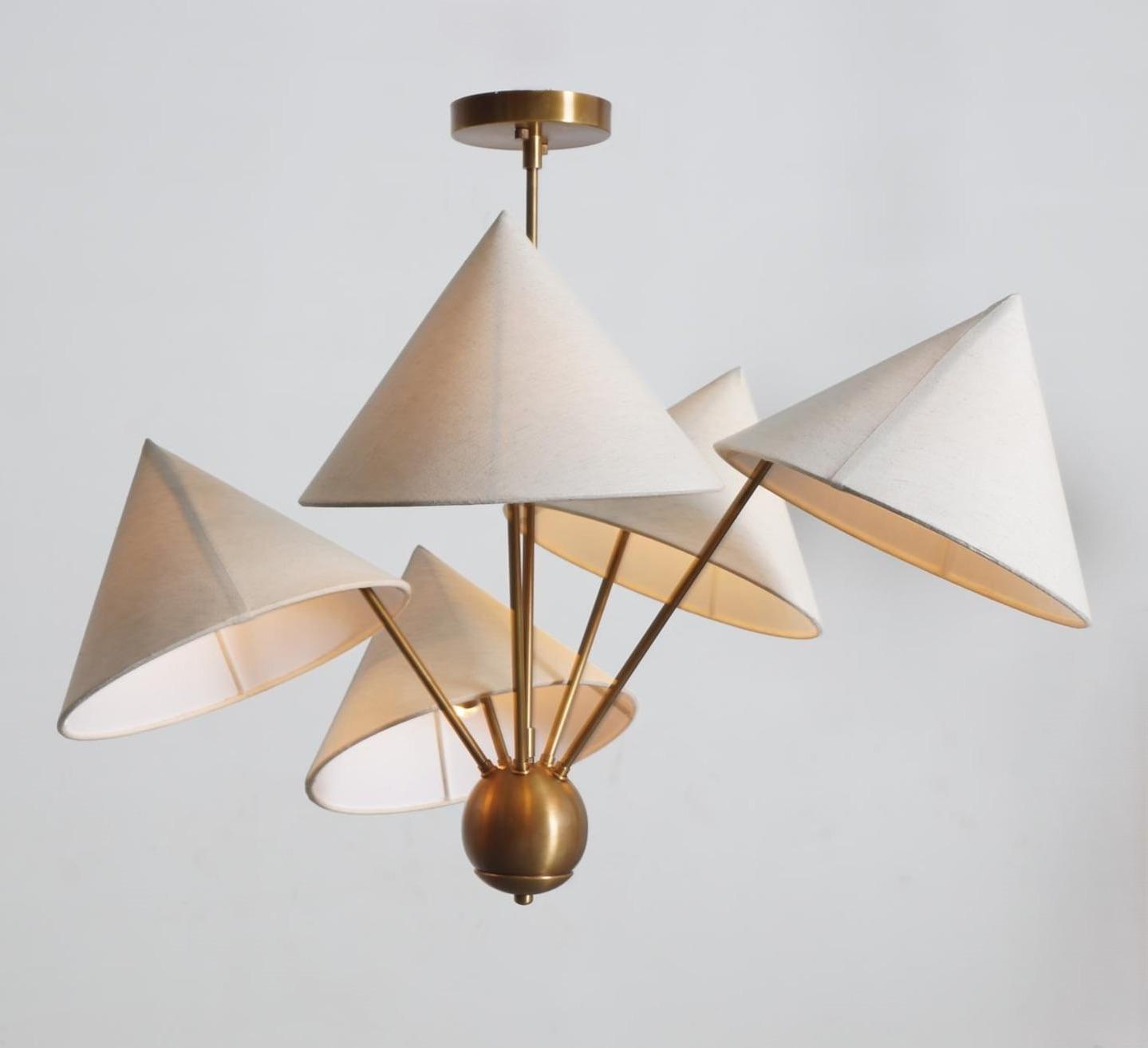 Italian Style Linen Mantis Chandelier Brass Sputnik Chandelier, Mid Century Modern Conical Ceiling Light Fixture Art Deco Wabi Sabi 5 Lights