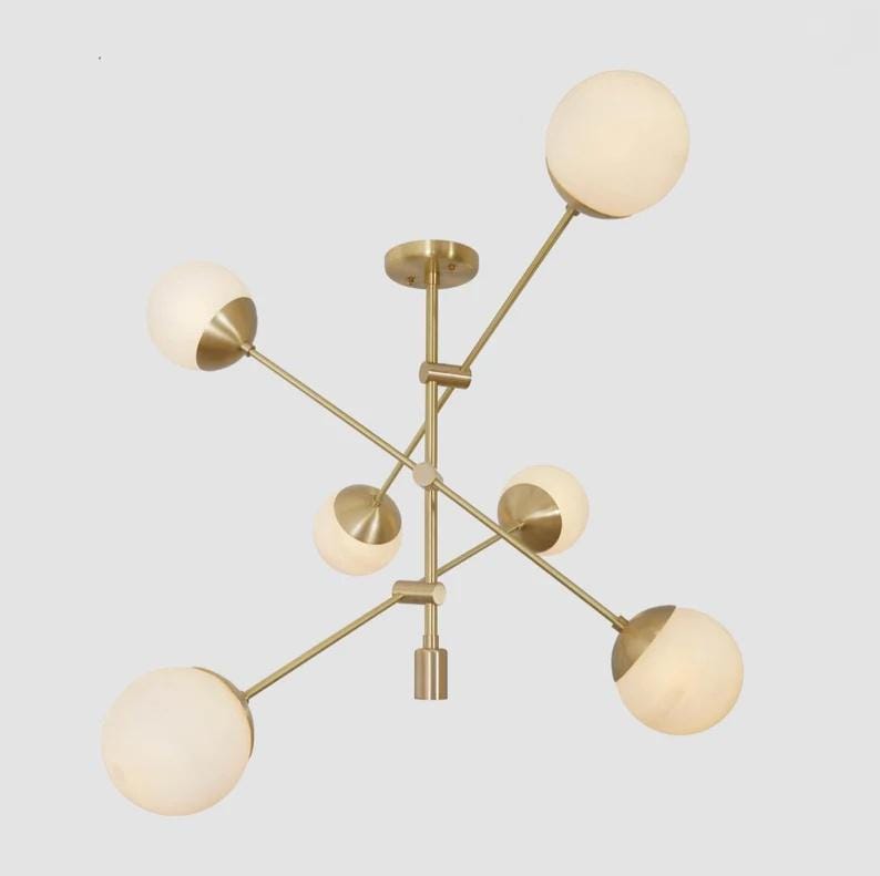 Modern Six Globe Handcrafted Sputnik Brass Chandelier Ceiling Light Fixture, Industrial Style Glass Globe Design Pendant Ceiling Light Lamp